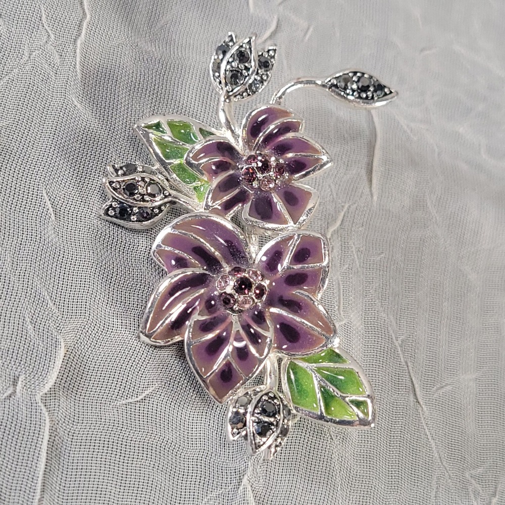 Monet Blooming Iris & Lilly Buds Brooch Women Purple Enamel Crystal Floral